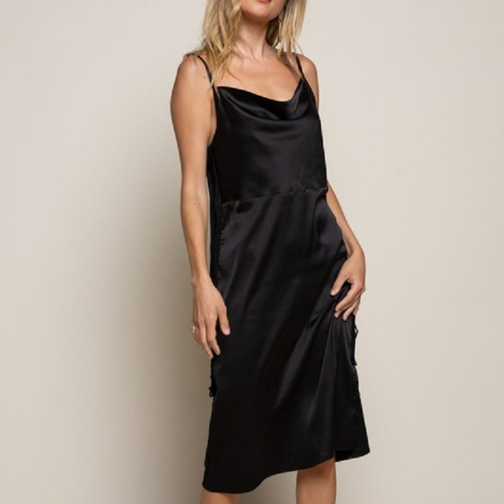 Satin Cowl Draped Midi Dress